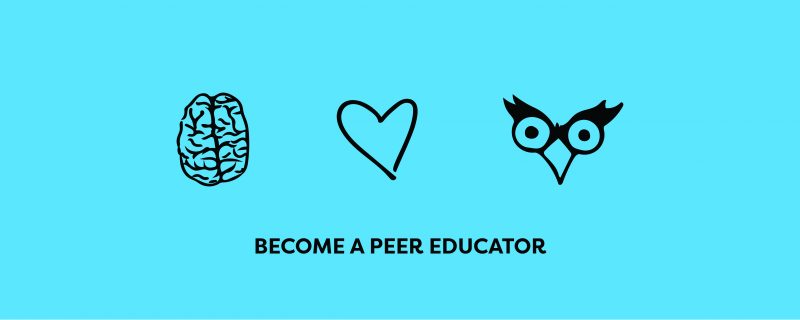 brain heart and owl icon with become a peer educator
