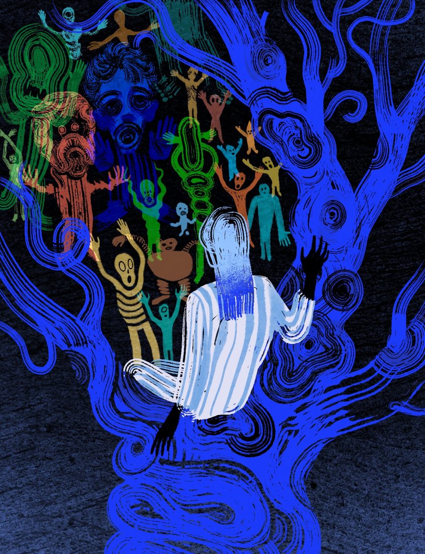 colorful graphic illustration of ghosts in various colors, sizes and shapes appearing to sit on tree shape that is blue with several branches