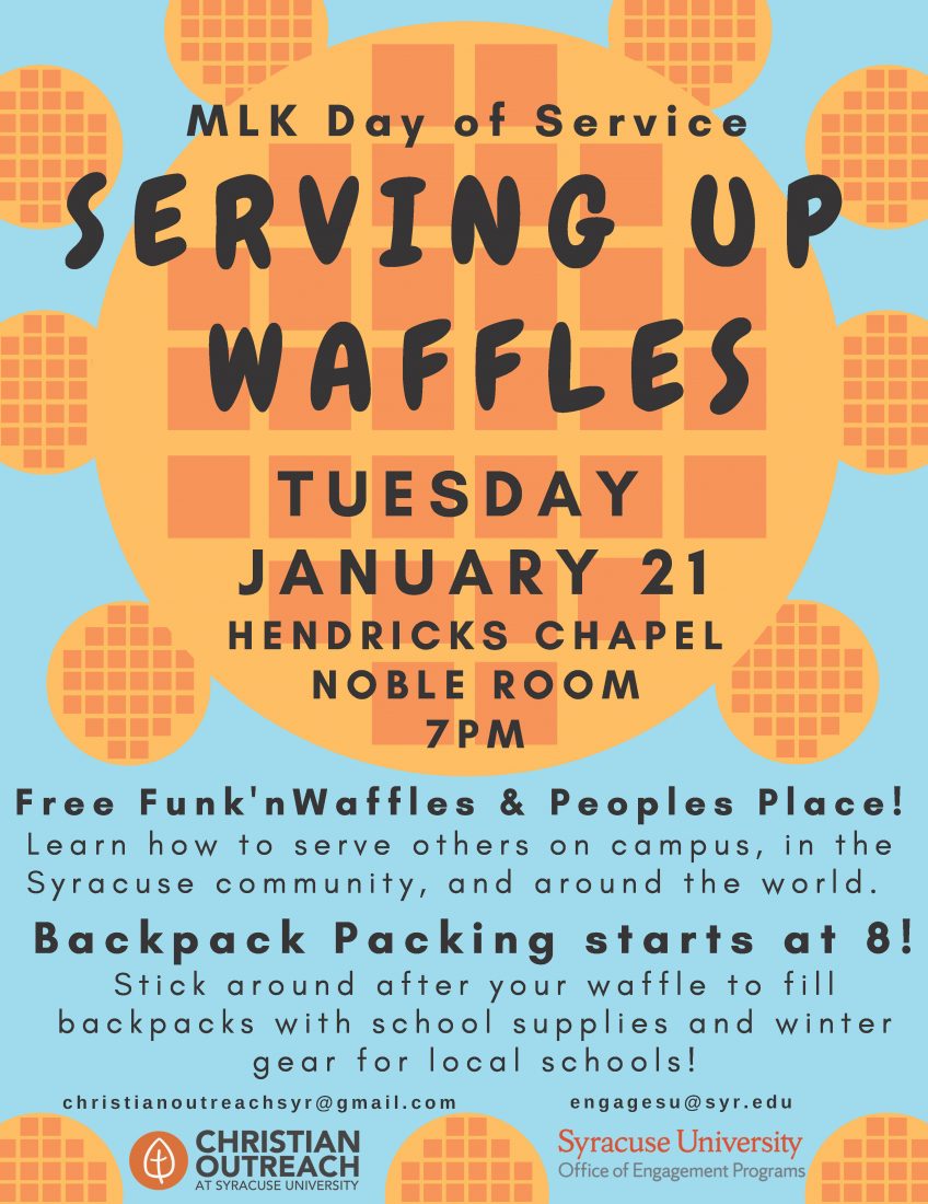 Description of Serving Up Waffles with blue background and waffle icons