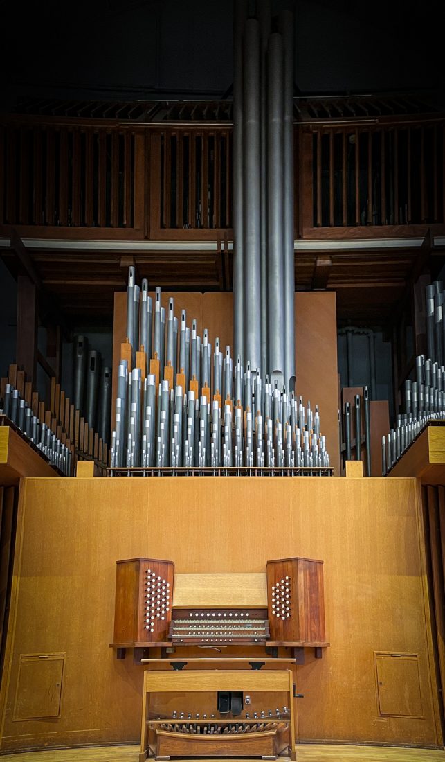 The organ in Setnor Auditorium in Crouse College.