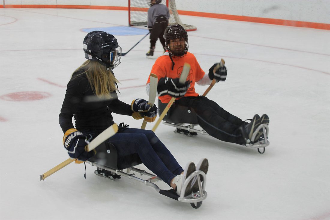 Two students skating in adaptive hockey sleds.