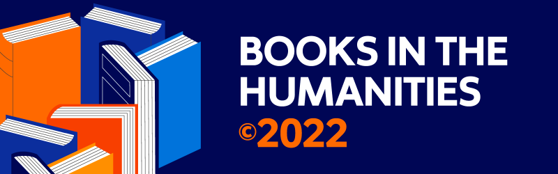 Books in the Humanities copyright year 2022 design - scattered orange and blue books