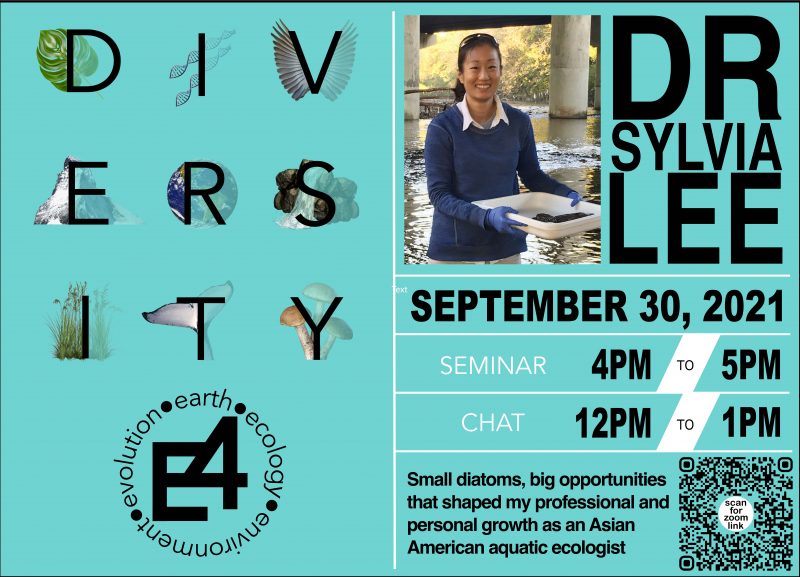 A poster set on a turquois background with the word DIVERSITY in Evolution, Earth, Ecology, and Environment overlaid with various nature illustrations. On the right side of the poster, a color photo of Dr. Sylvia Lee smiling toward the camera. 