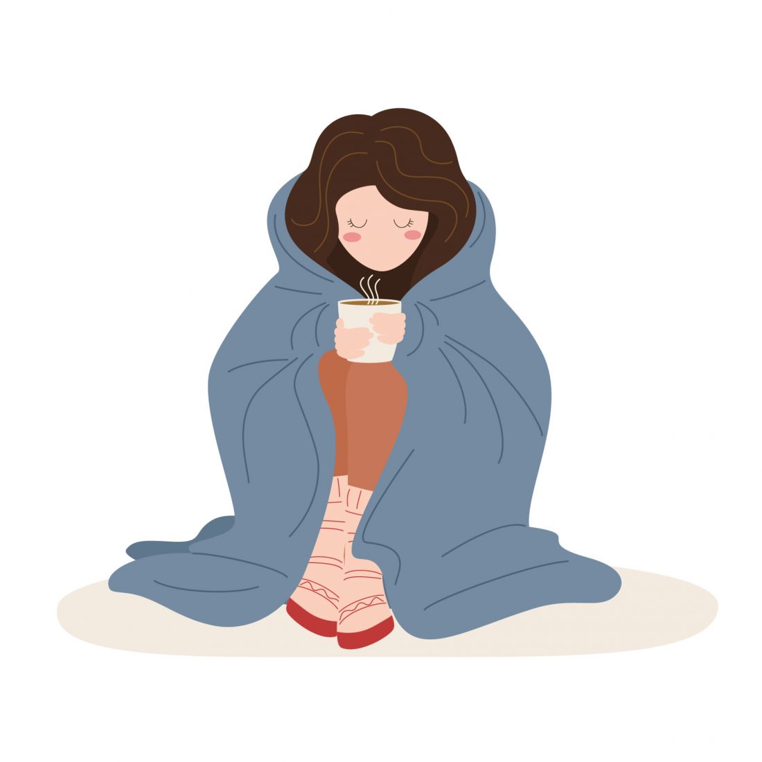 Illustration of a girl huddled in a blanket sipping a hot drink.