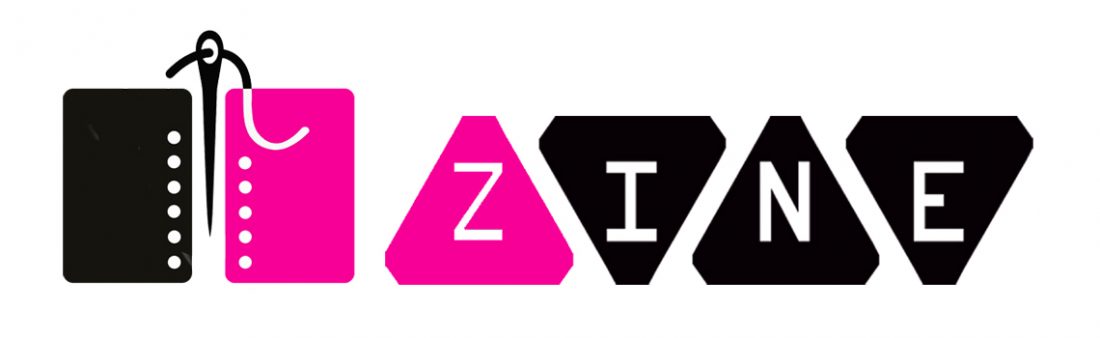 black and pink graphic shapes that look like needle between two books and word ZINE in triangles